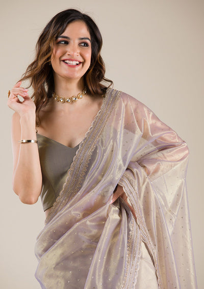 Grey Zariwork Tissue Saree-Koskii