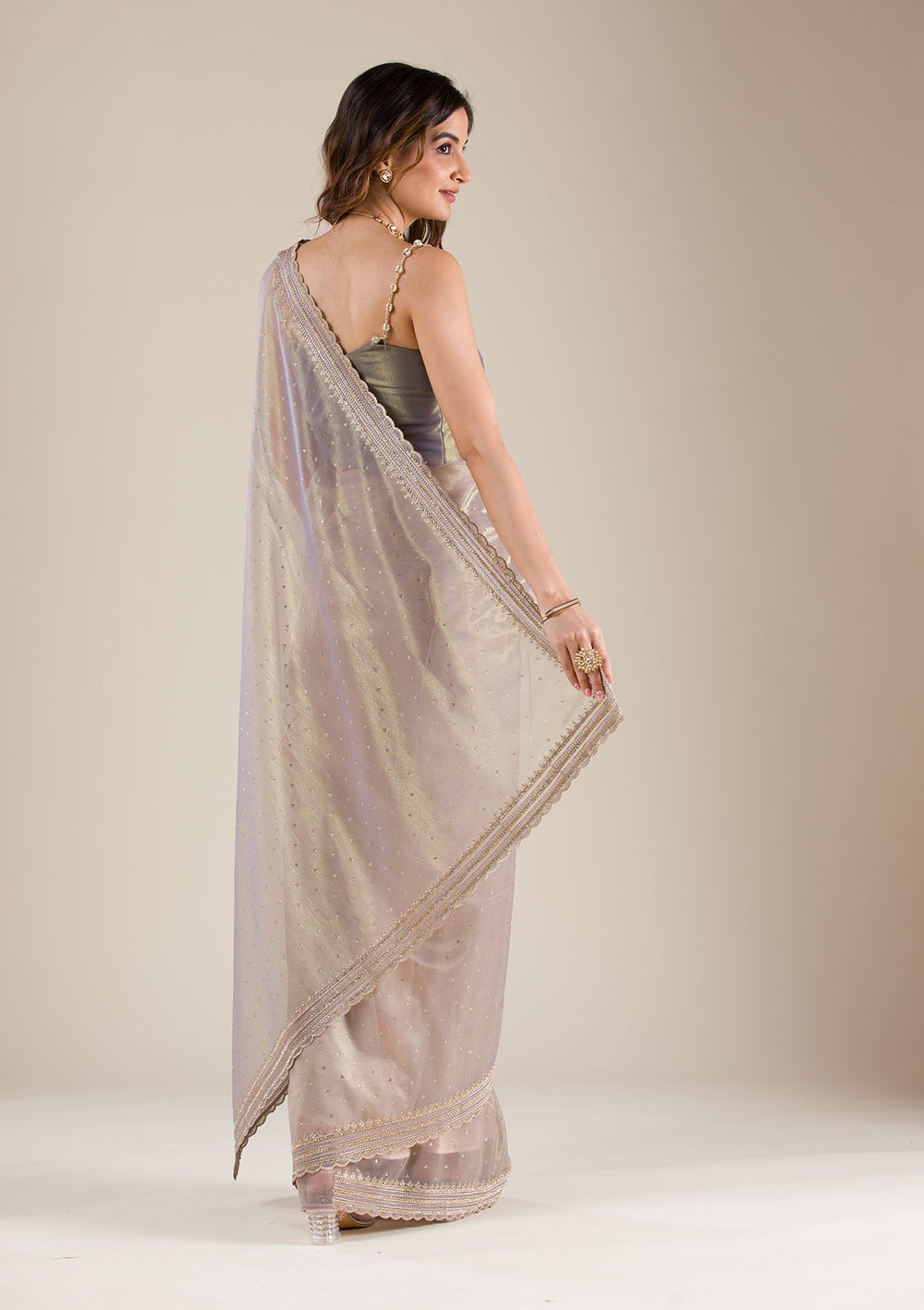 Grey Zariwork Tissue Saree-Koskii