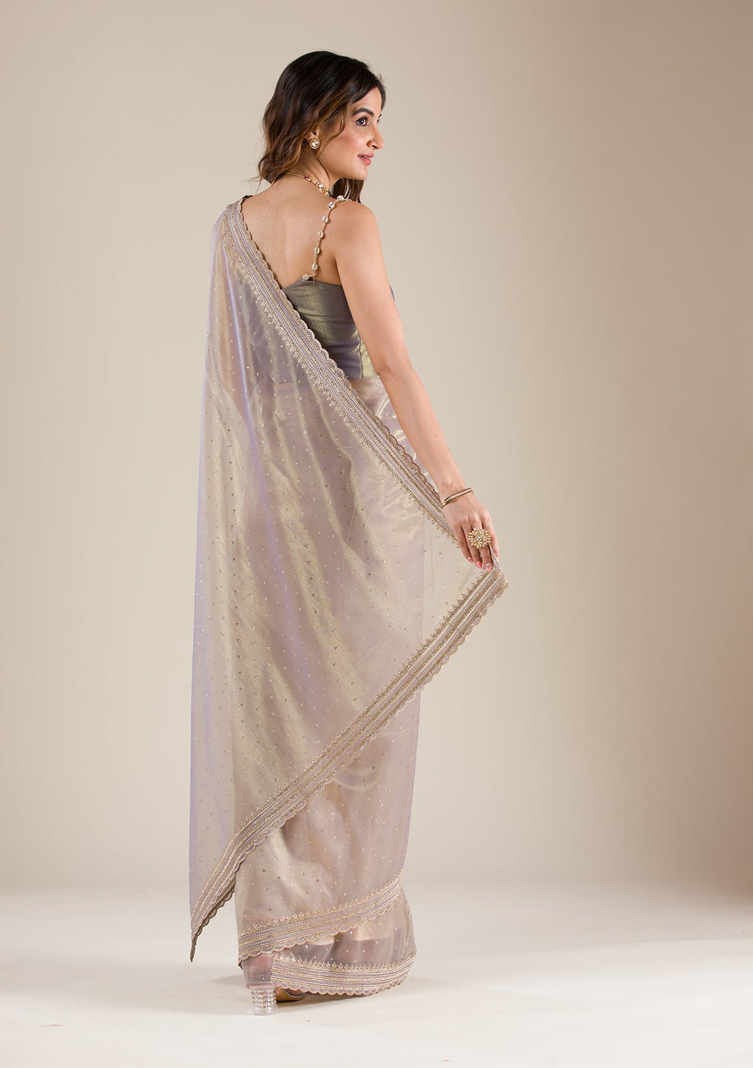 Grey Zariwork Tissue Saree-Koskii
