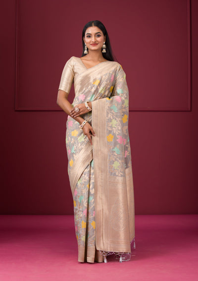 Grey Zariwork Tissue Saree-Koskii