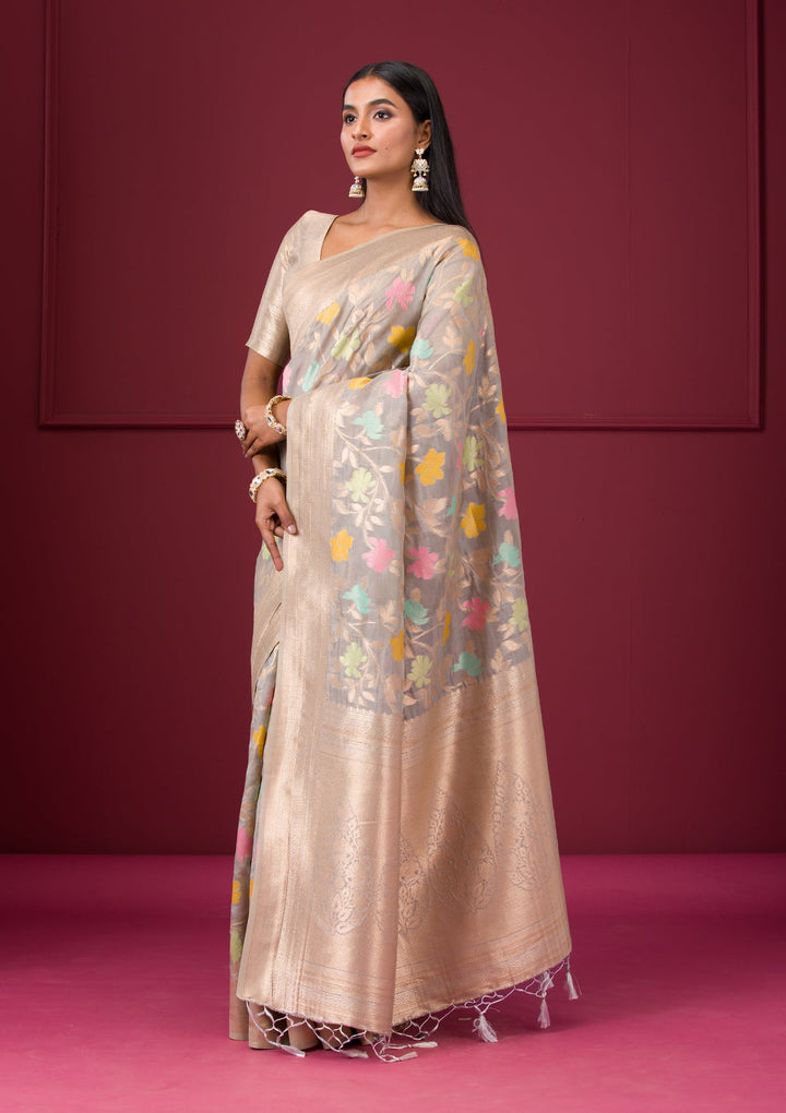Grey Zariwork Tissue Saree-Koskii