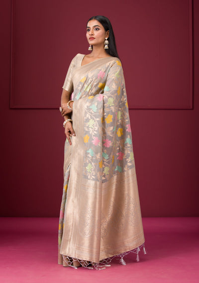 Grey Zariwork Tissue Saree-Koskii