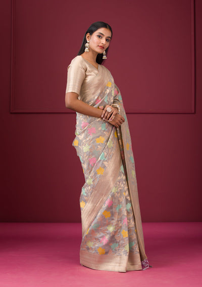 Grey Zariwork Tissue Saree-Koskii