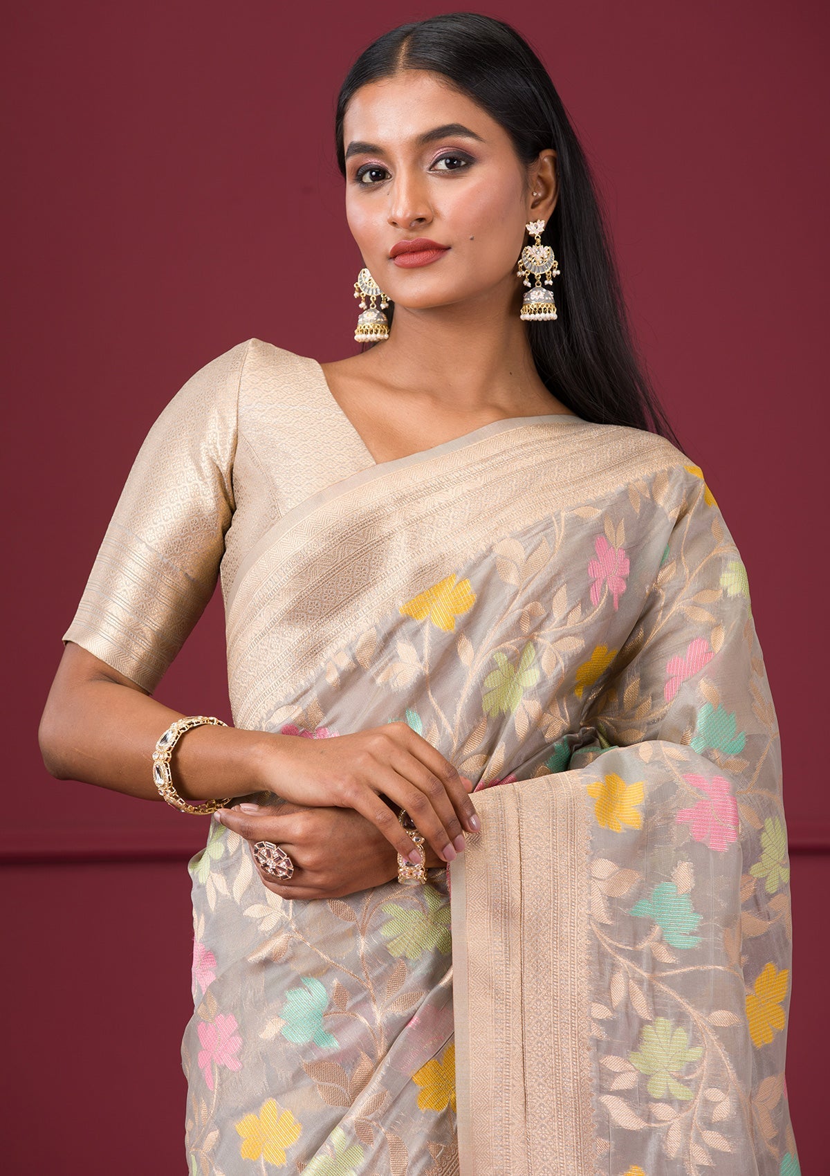 Grey Zariwork Tissue Saree-Koskii