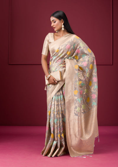 Grey Zariwork Tissue Saree-Koskii