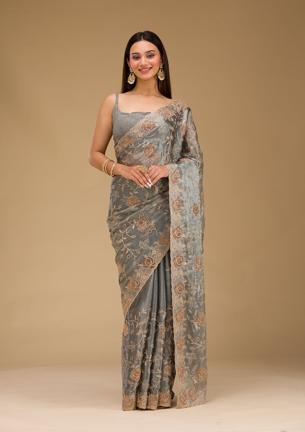 Grey Zariwork Tissue Saree