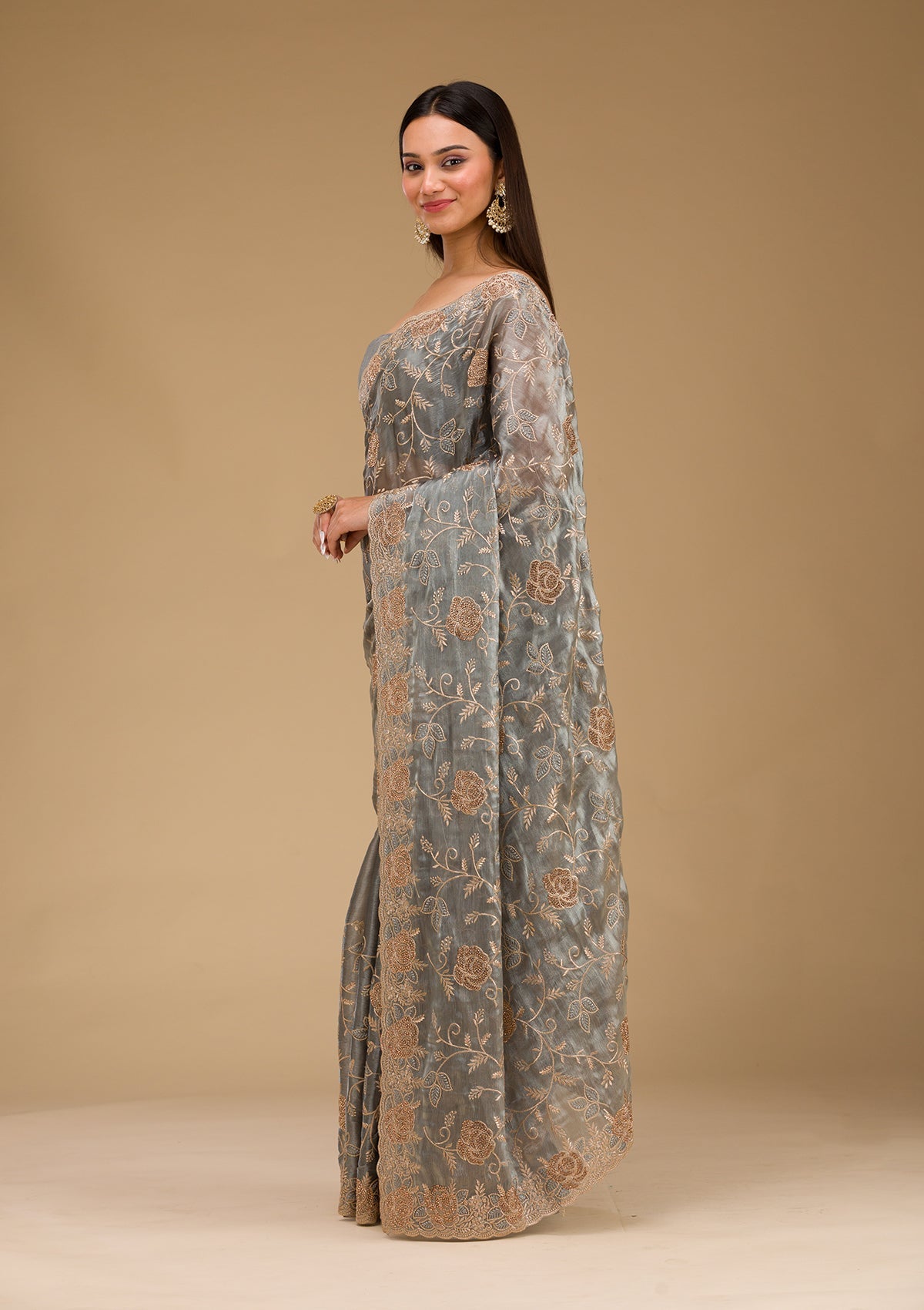 Grey Zariwork Tissue Saree