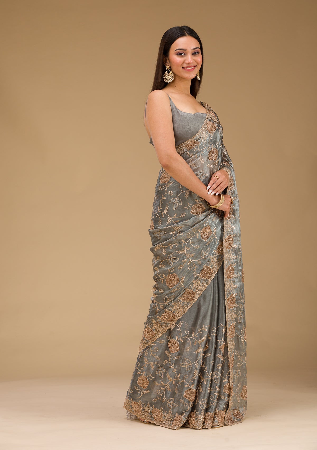 Grey Zariwork Tissue Saree