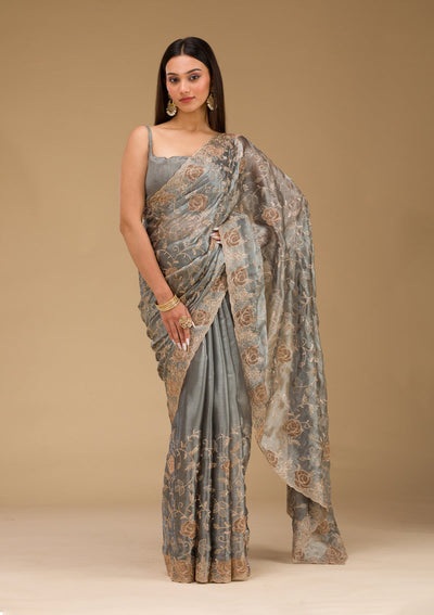 Grey Zariwork Tissue Saree-Koskii