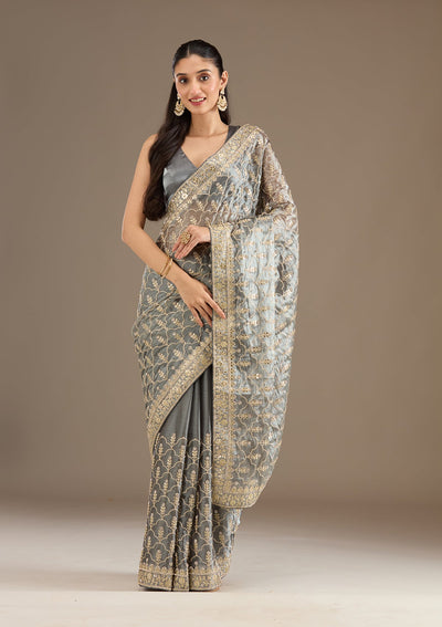 Grey Zariwork Tissue Saree-Koskii