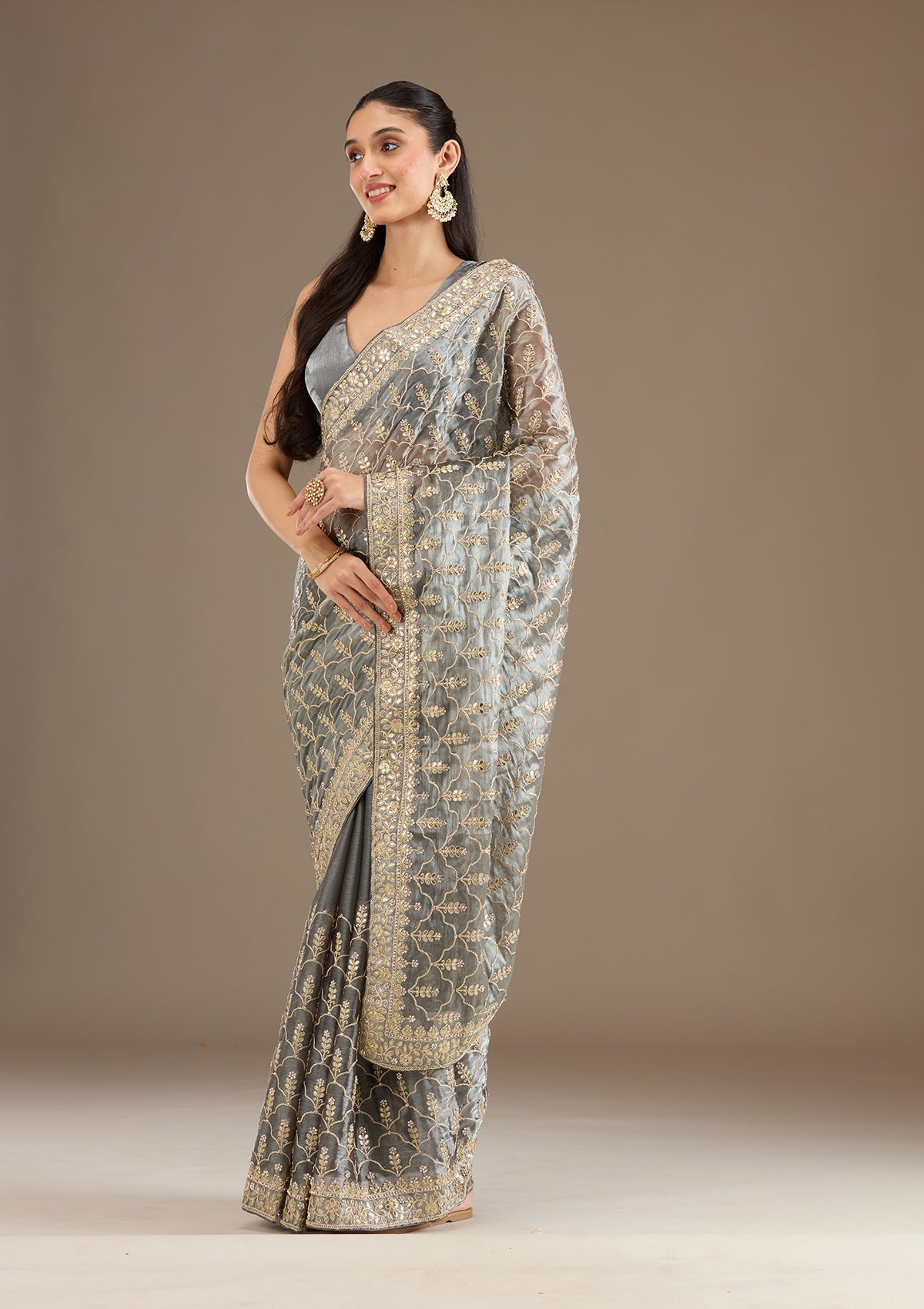 Grey Zariwork Tissue Saree-Koskii