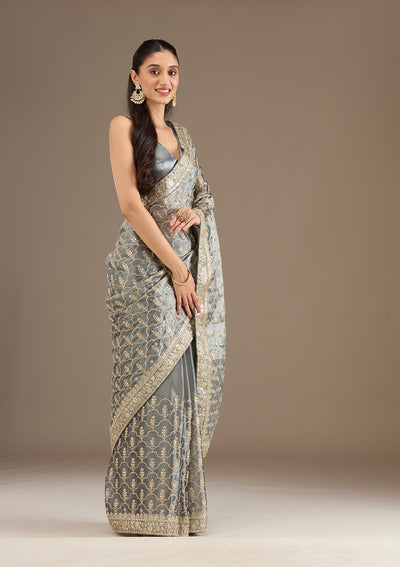 Grey Zariwork Tissue Saree-Koskii