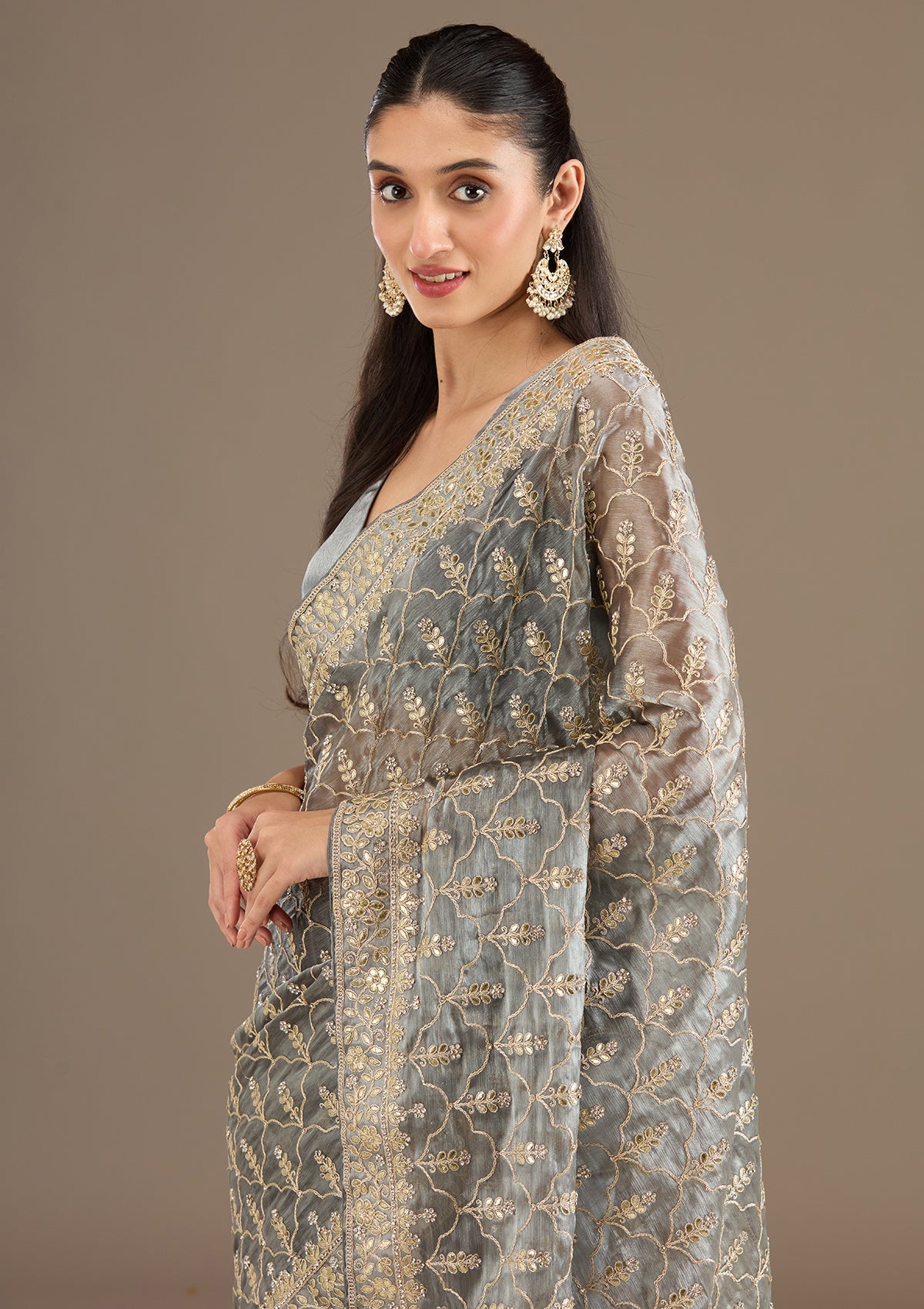 Grey Zariwork Tissue Saree-Koskii