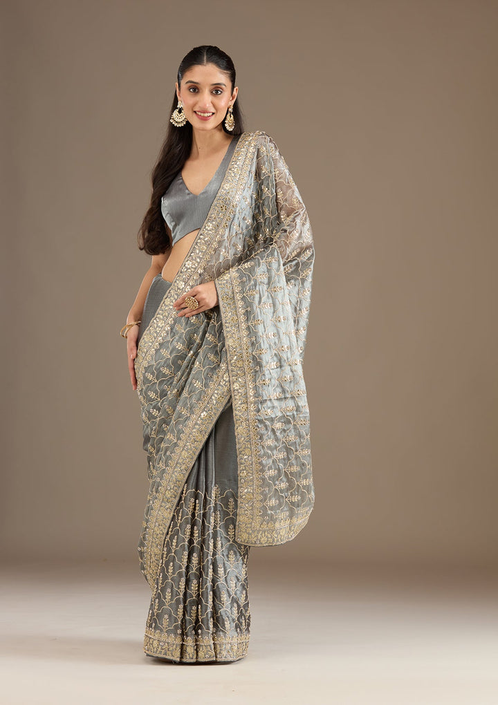Grey Zariwork Tissue Saree-Koskii