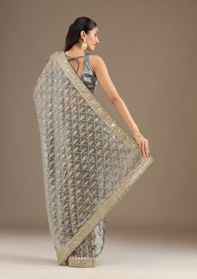 Grey Zariwork Tissue Saree-Koskii