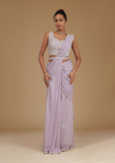 Lavender Cutdana Chiffon Readymade Saree-Koskii