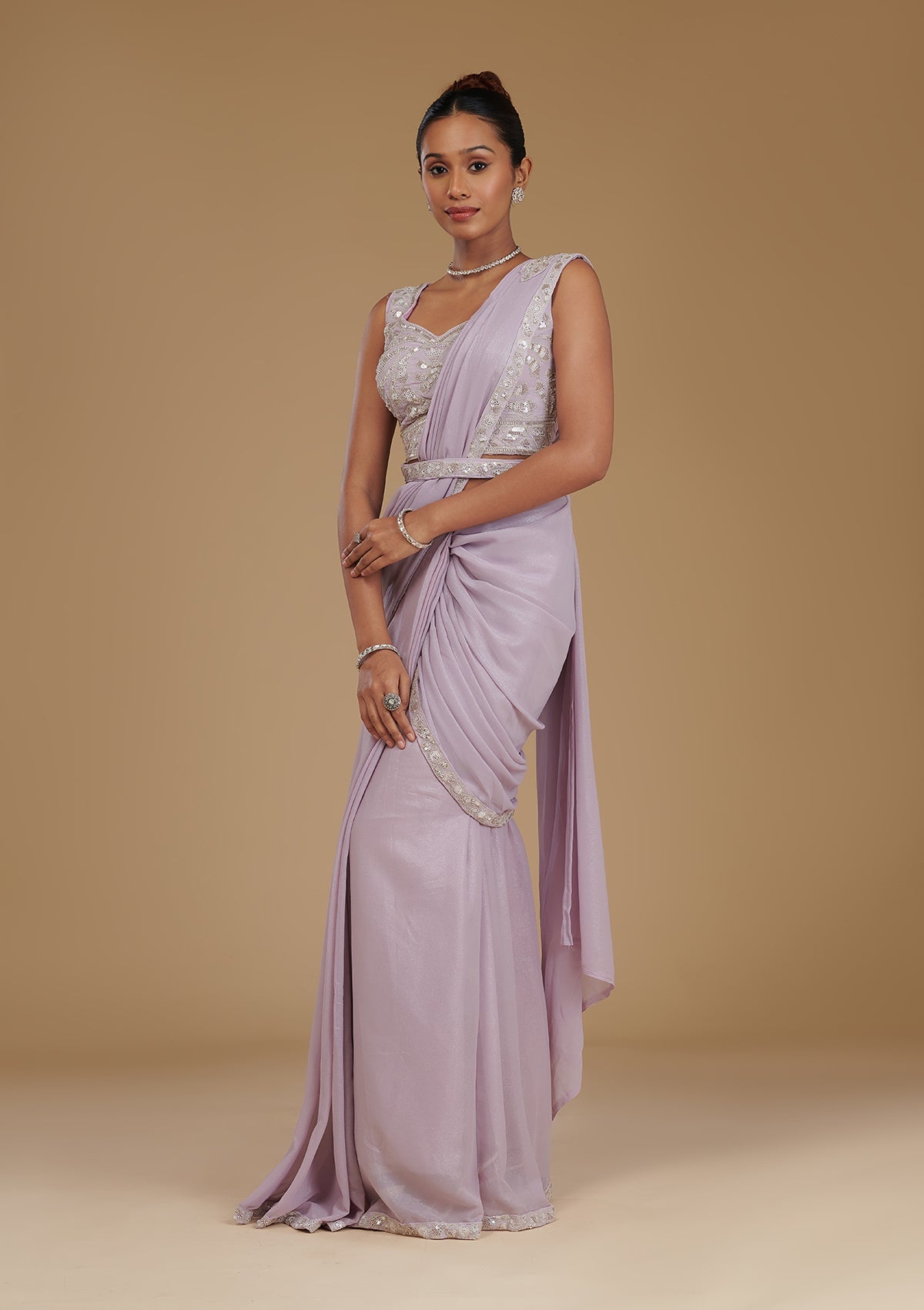 Lavender Cutdana Chiffon Readymade Saree-Koskii