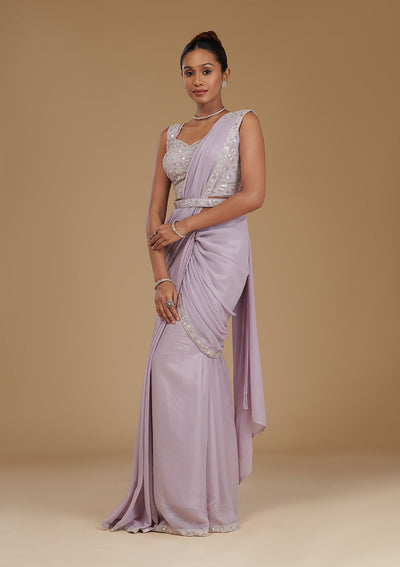 Lavender Cutdana Chiffon Readymade Saree-Koskii