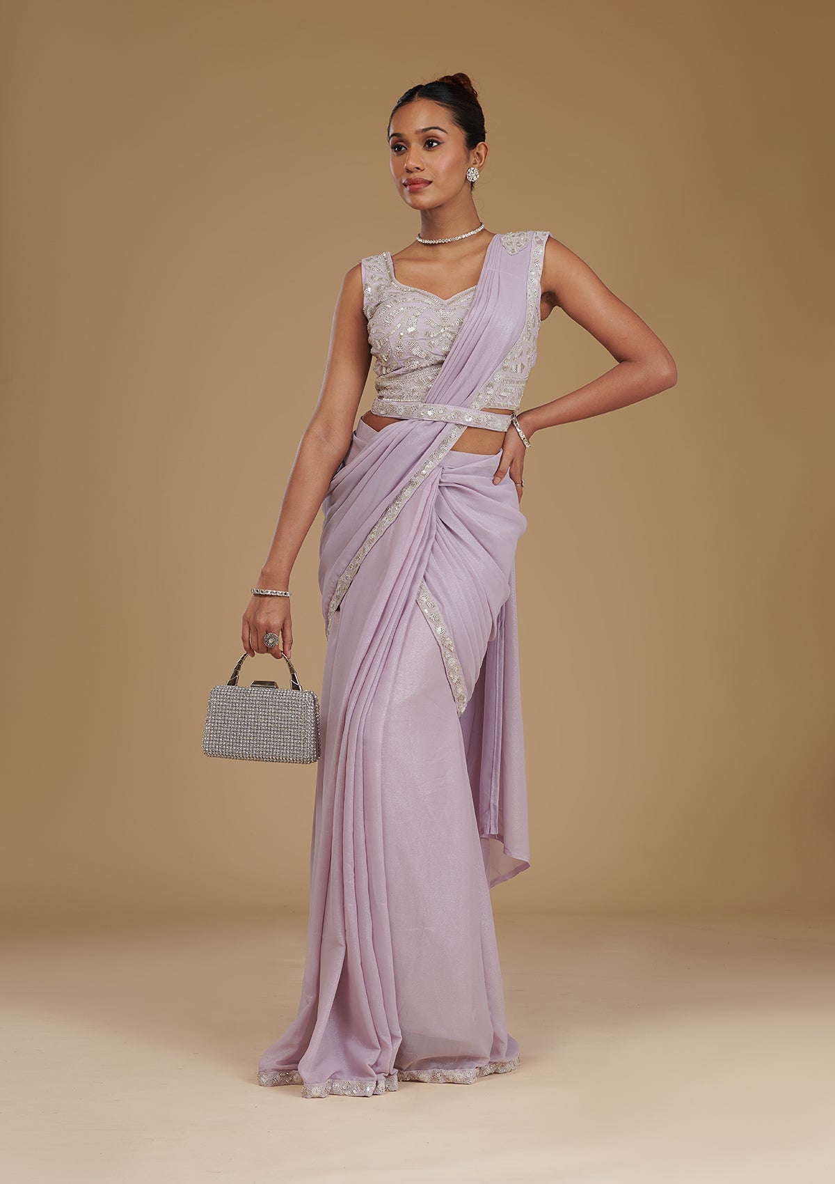 Lavender Cutdana Chiffon Readymade Saree-Koskii