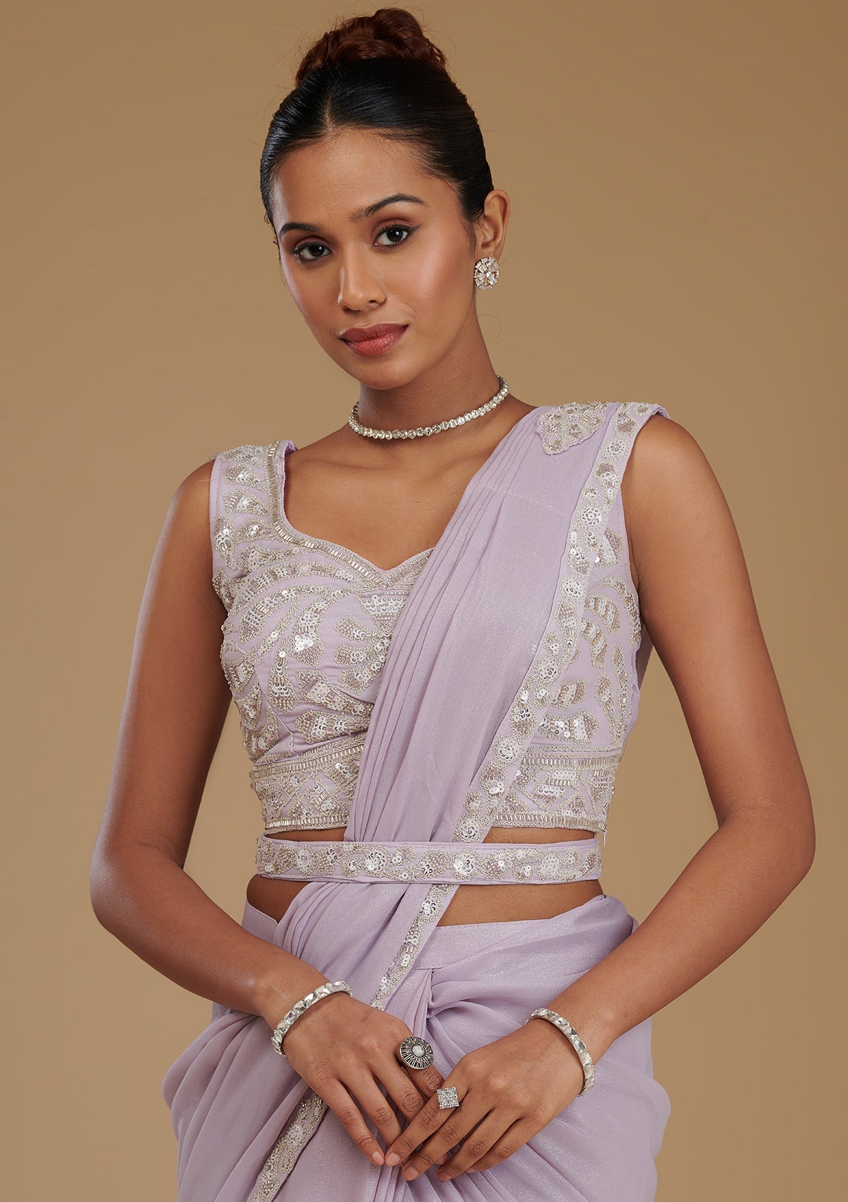 Lavender Cutdana Chiffon Readymade Saree-Koskii