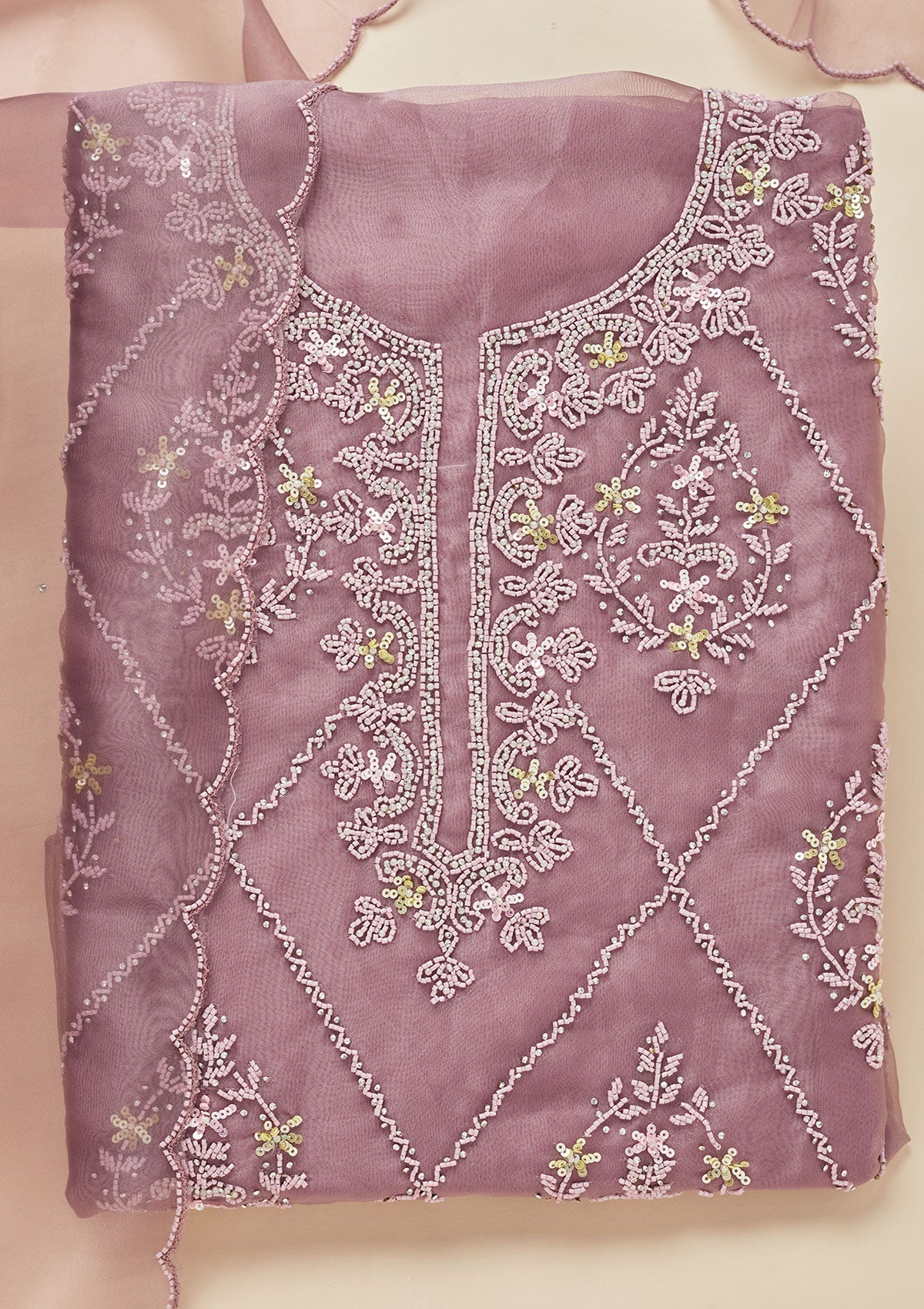 Lavender Cutdana Georgette Unstitched Salwar Suit-Koskii