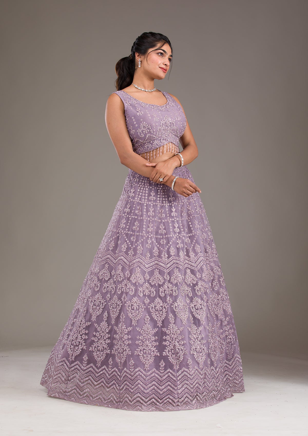 Lavender Cutdana Net Readymade Lehenga-Koskii