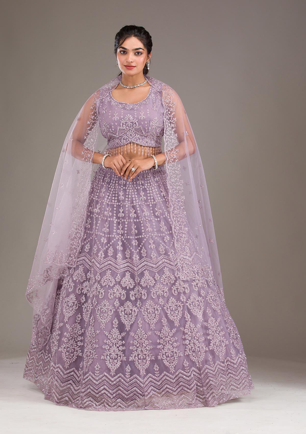 Lavender Cutdana Net Readymade Lehenga-Koskii