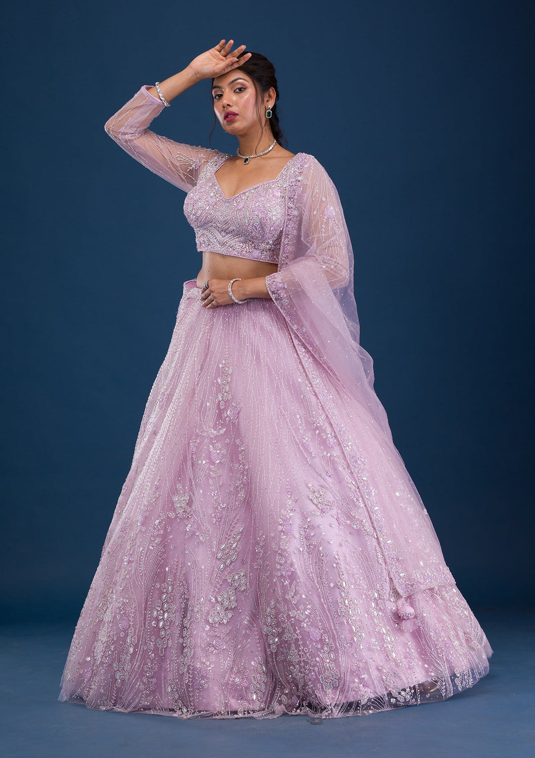 Lavender Cutdana Net Readymade Lehenga-Koskii