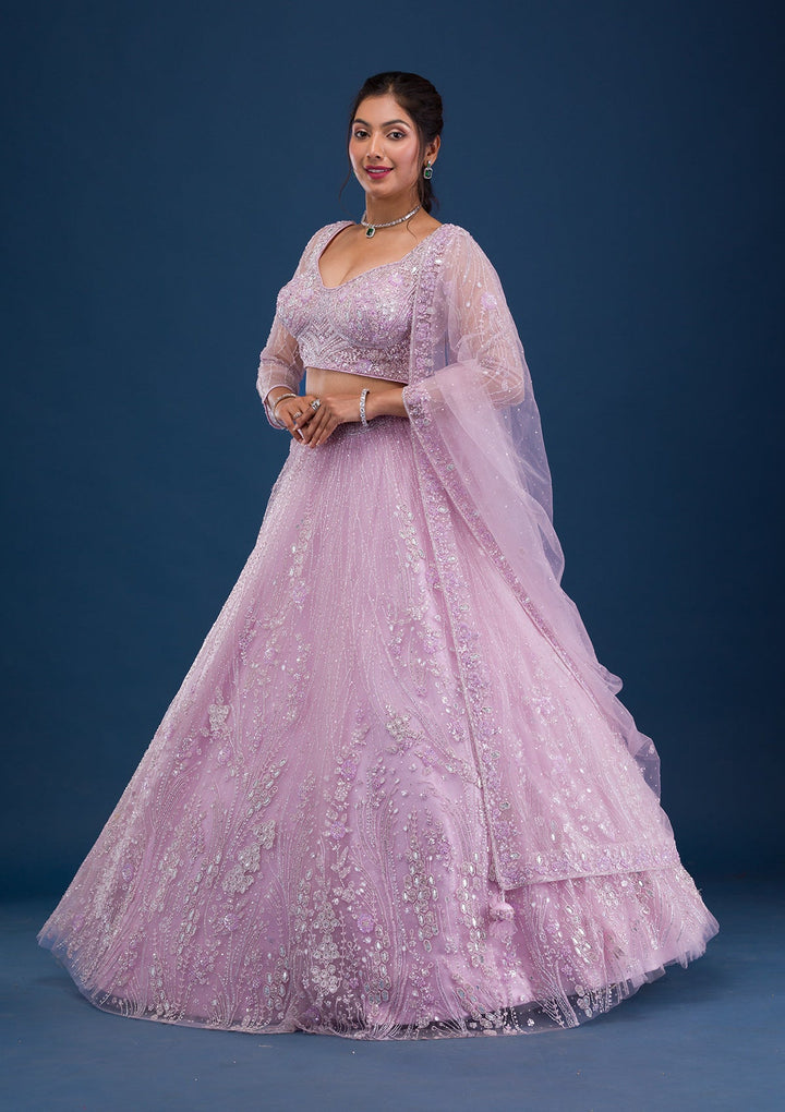Lavender Cutdana Net Readymade Lehenga-Koskii