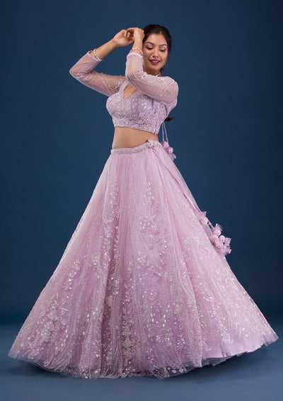 Lavender Cutdana Net Readymade Lehenga-Koskii