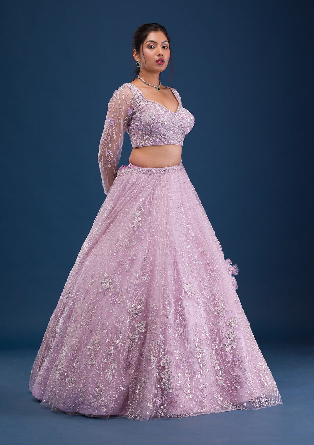 Lavender Cutdana Net Readymade Lehenga-Koskii