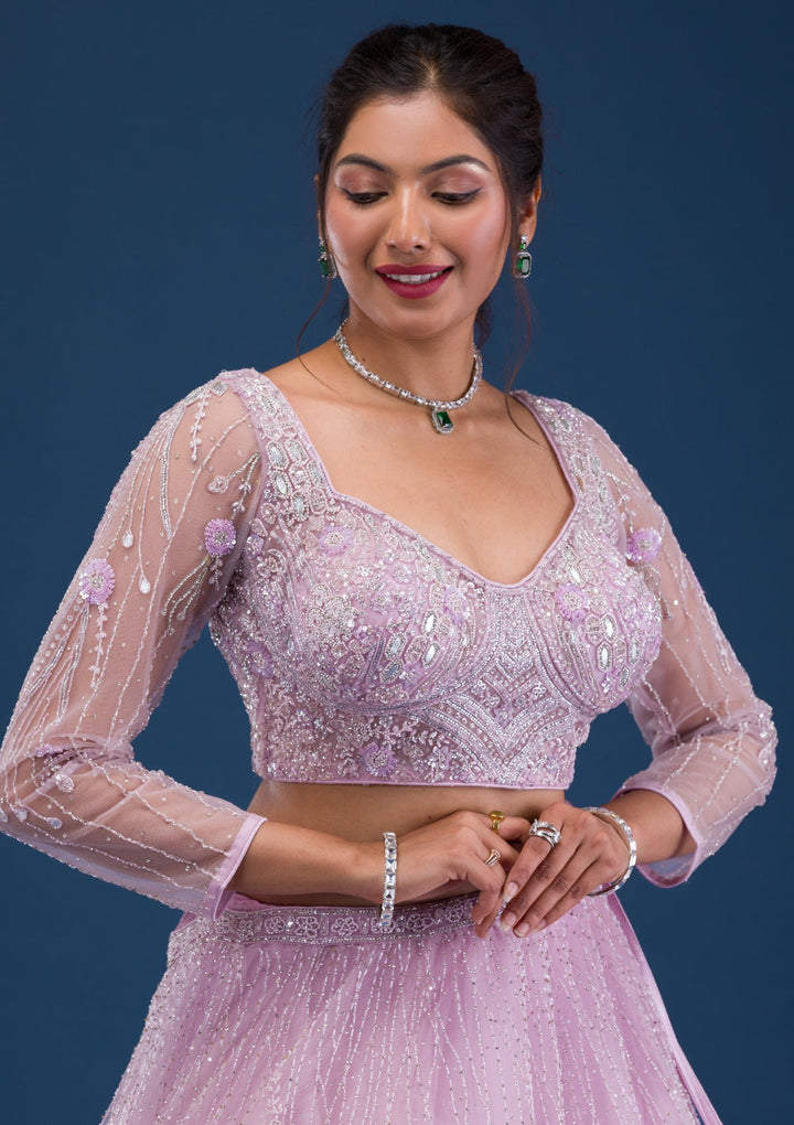 Lavender Cutdana Net Readymade Lehenga-Koskii