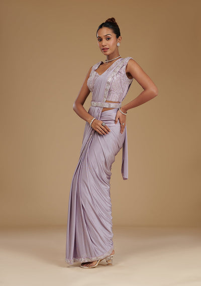 Lavender Cutdana Satin Readymade Saree-Koskii