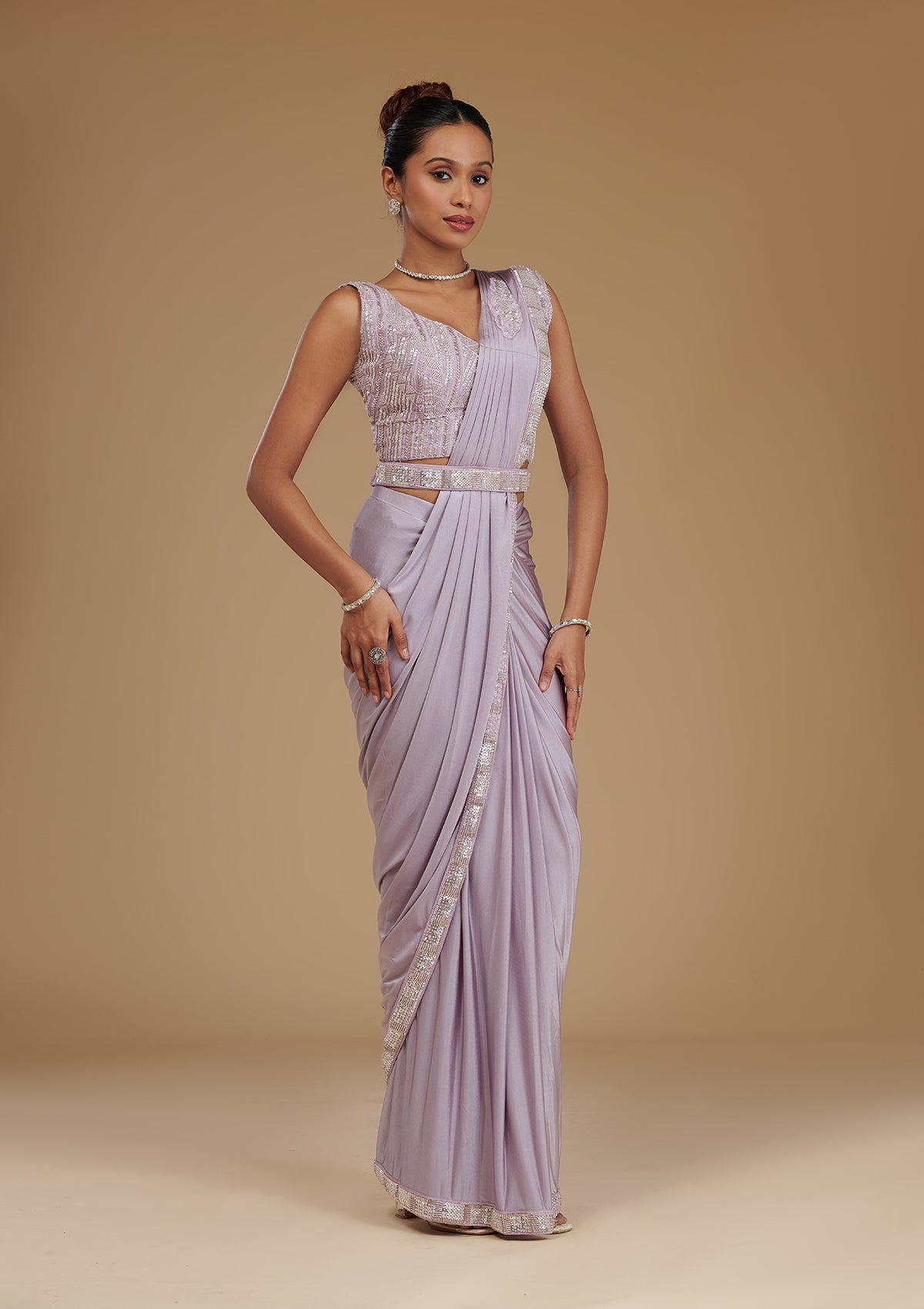 Lavender Cutdana Satin Readymade Saree-Koskii