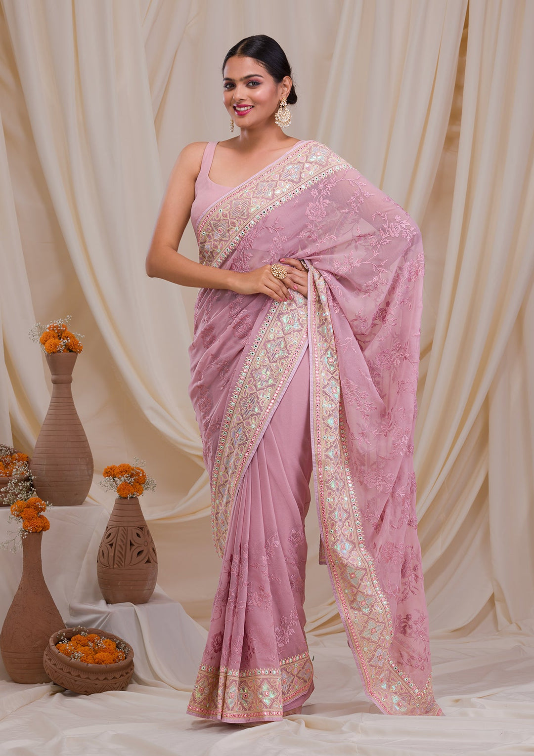 Lavender Gotapatti Chiffon Saree-Koskii