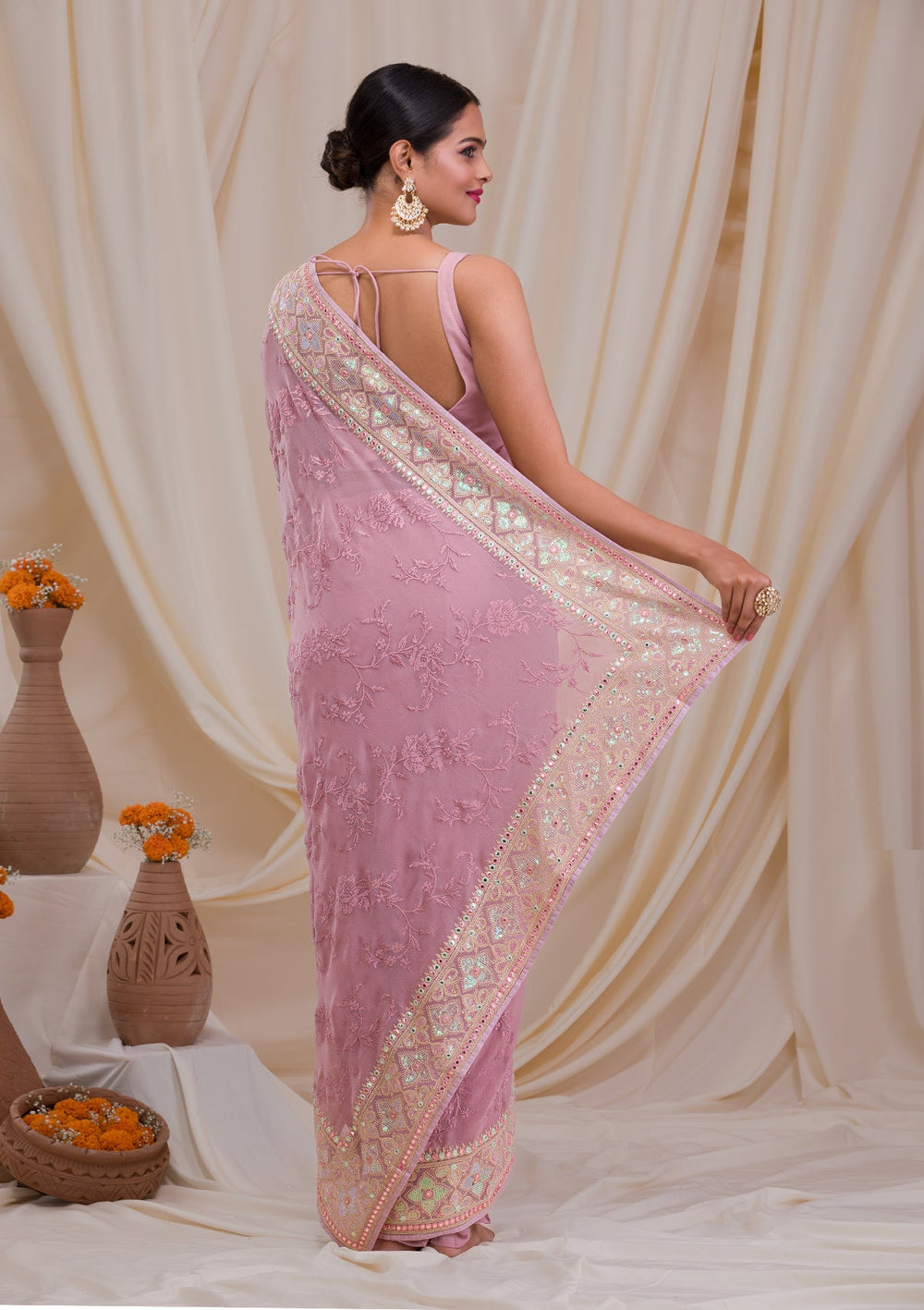 Lavender Gotapatti Chiffon Saree-Koskii