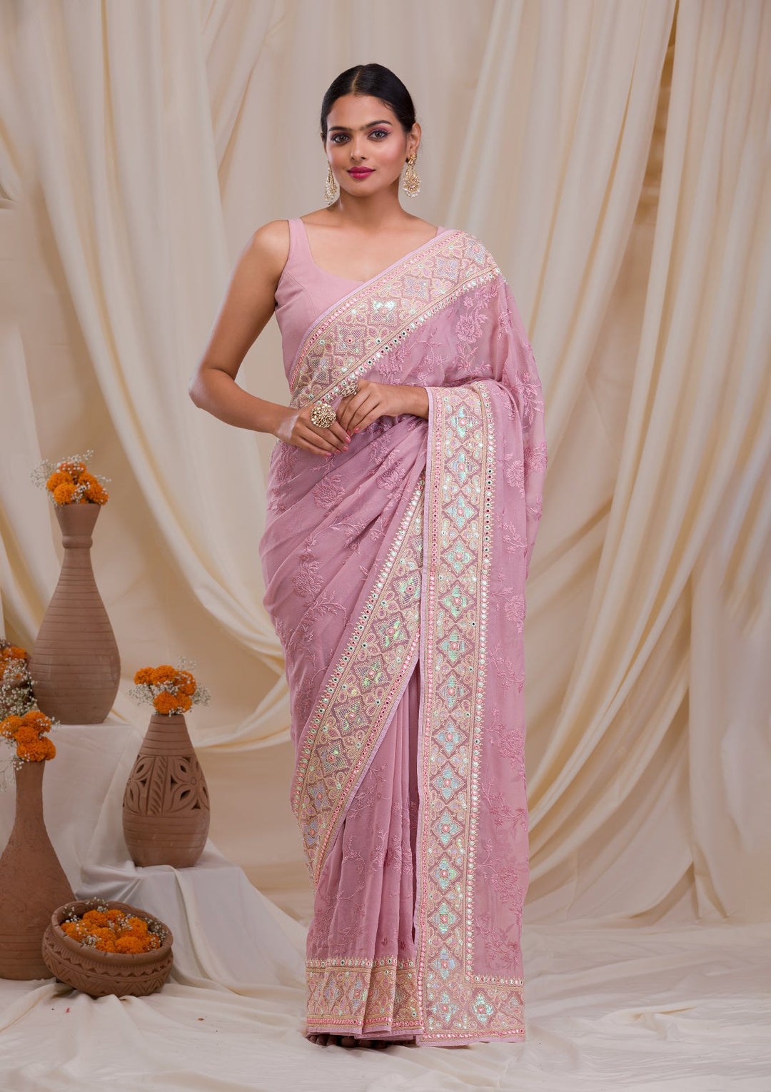 Lavender Gotapatti Chiffon Saree-Koskii