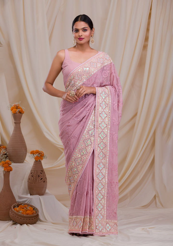 Lavender Gotapatti Chiffon Saree-Koskii