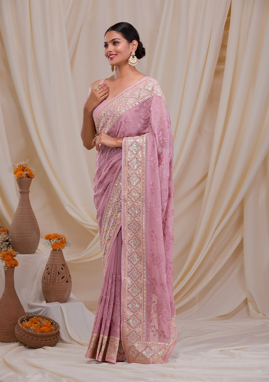 Lavender Gotapatti Chiffon Saree-Koskii