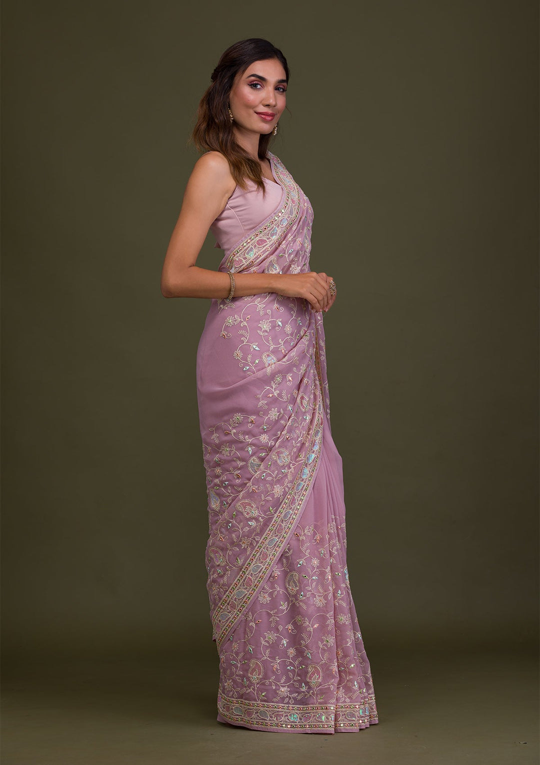 Lavender Gotapatti Chiffon Saree-Koskii