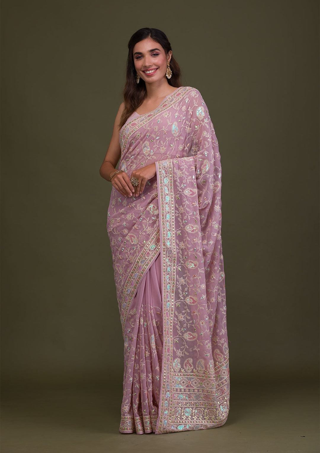 Lavender Gotapatti Chiffon Saree-Koskii