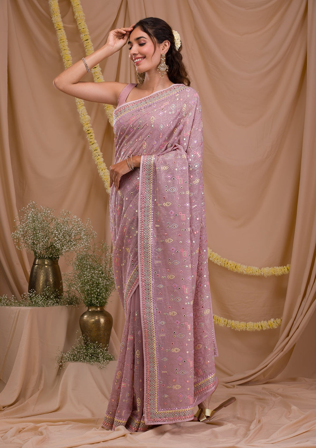 Lavender Gotapatti Geogette Saree-Koskii