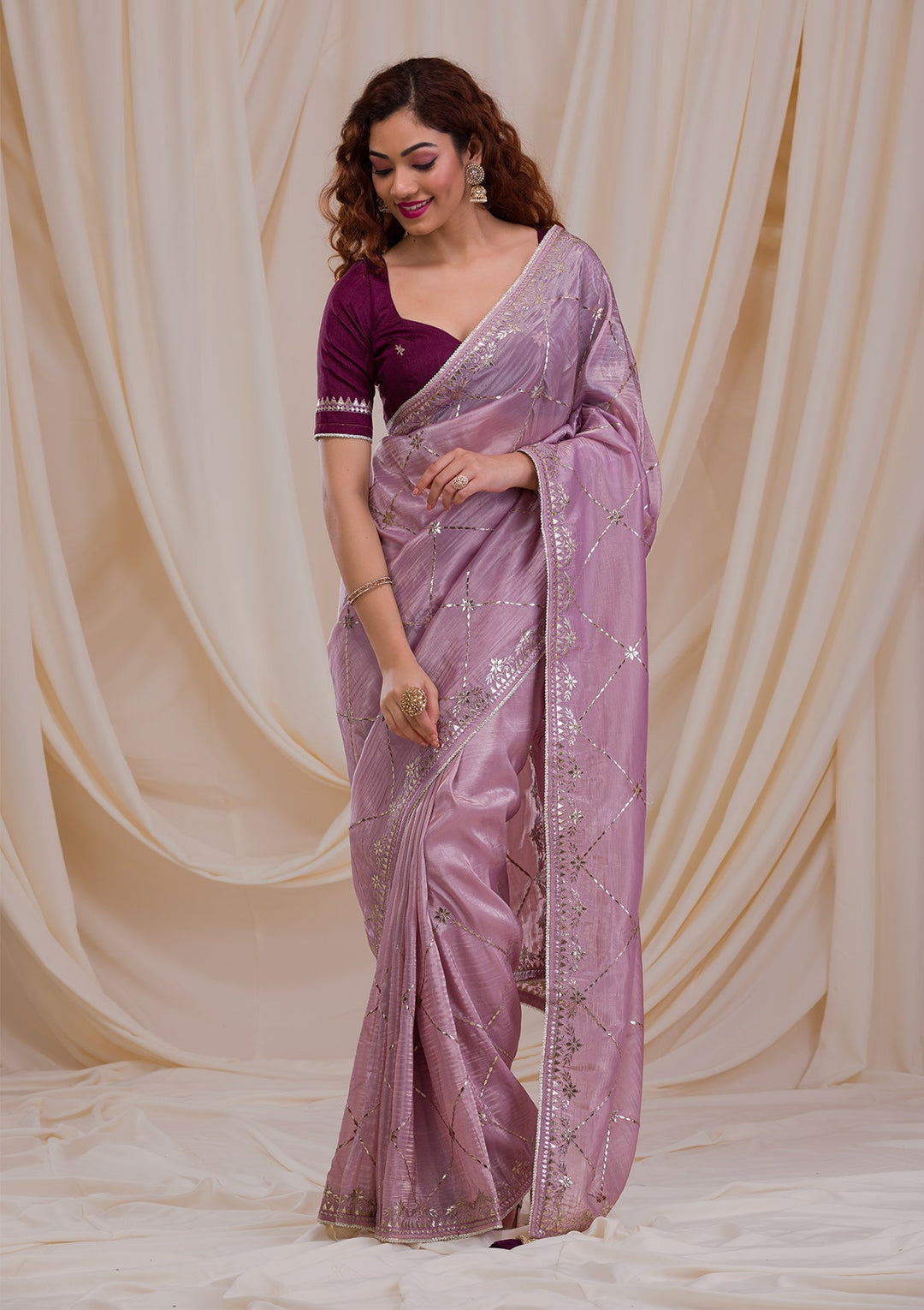 Lavender Gotapatti Tissue Saree-Koskii