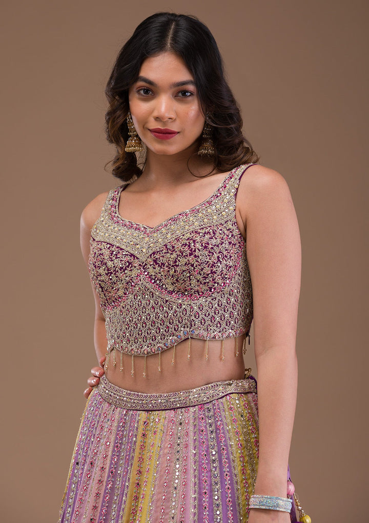 Lavender Mirrorwork Georgette Readymade Lehenga-Koskii