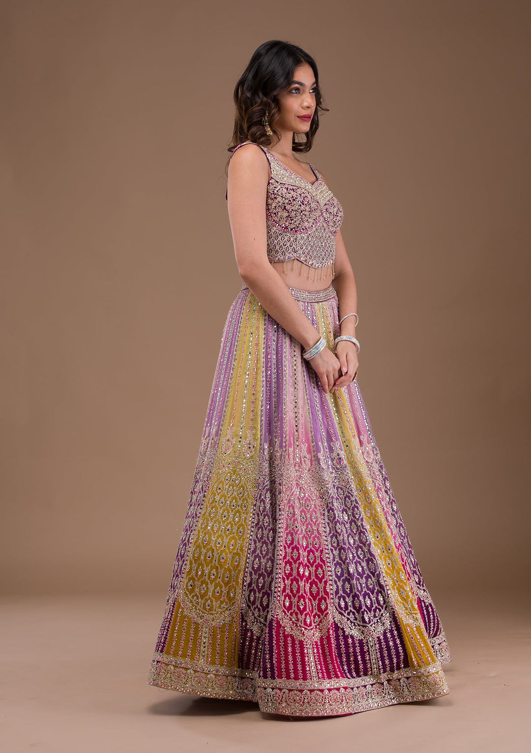 Lavender Mirrorwork Georgette Readymade Lehenga-Koskii