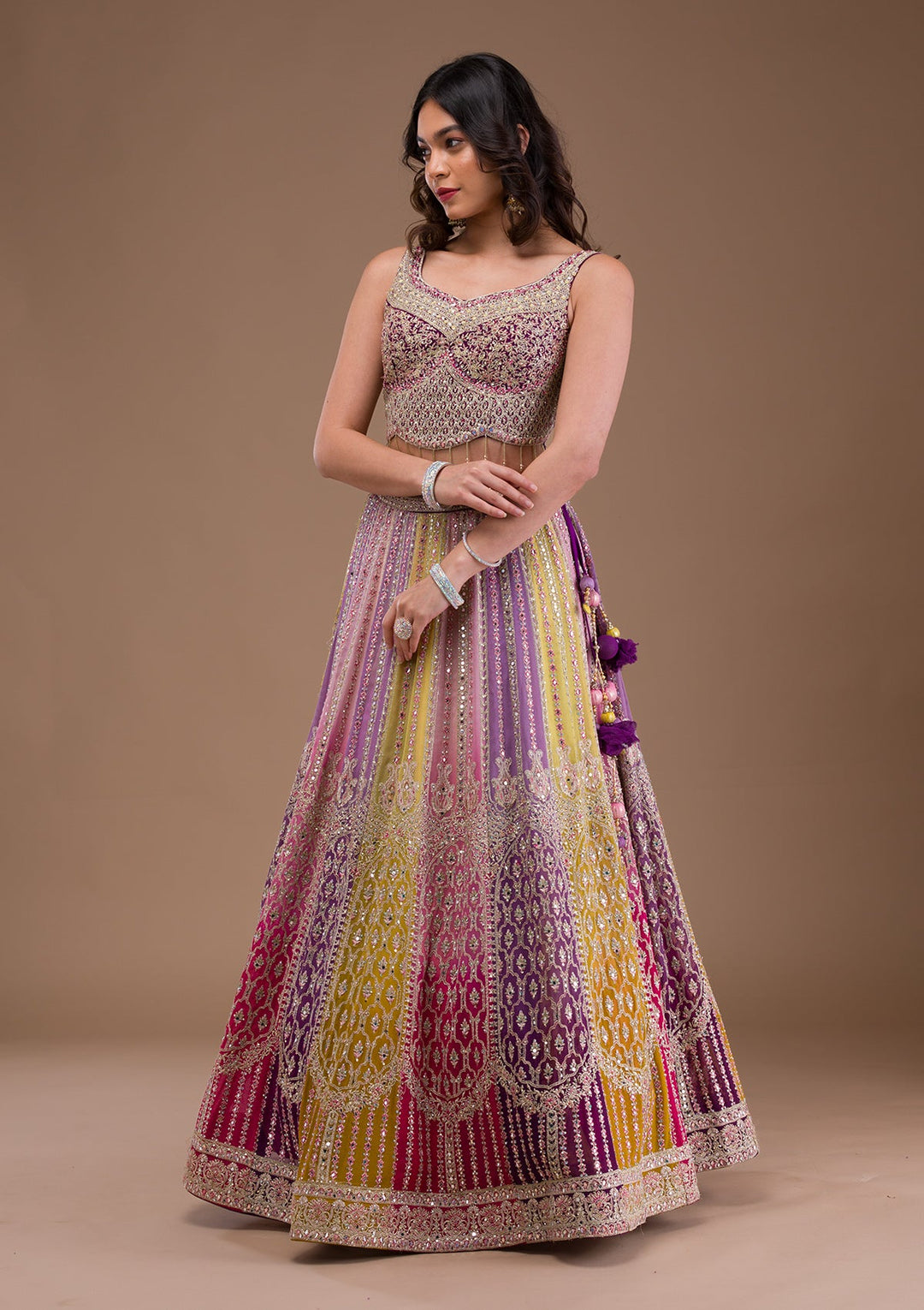 Lavender Mirrorwork Georgette Readymade Lehenga-Koskii