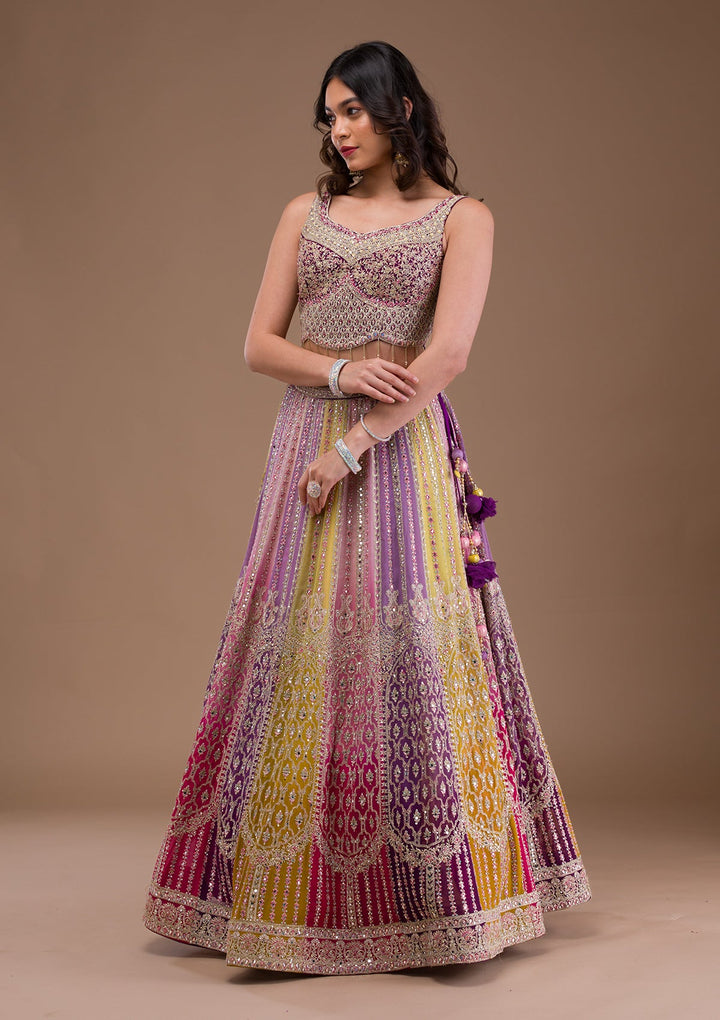 Lavender Mirrorwork Georgette Readymade Lehenga-Koskii