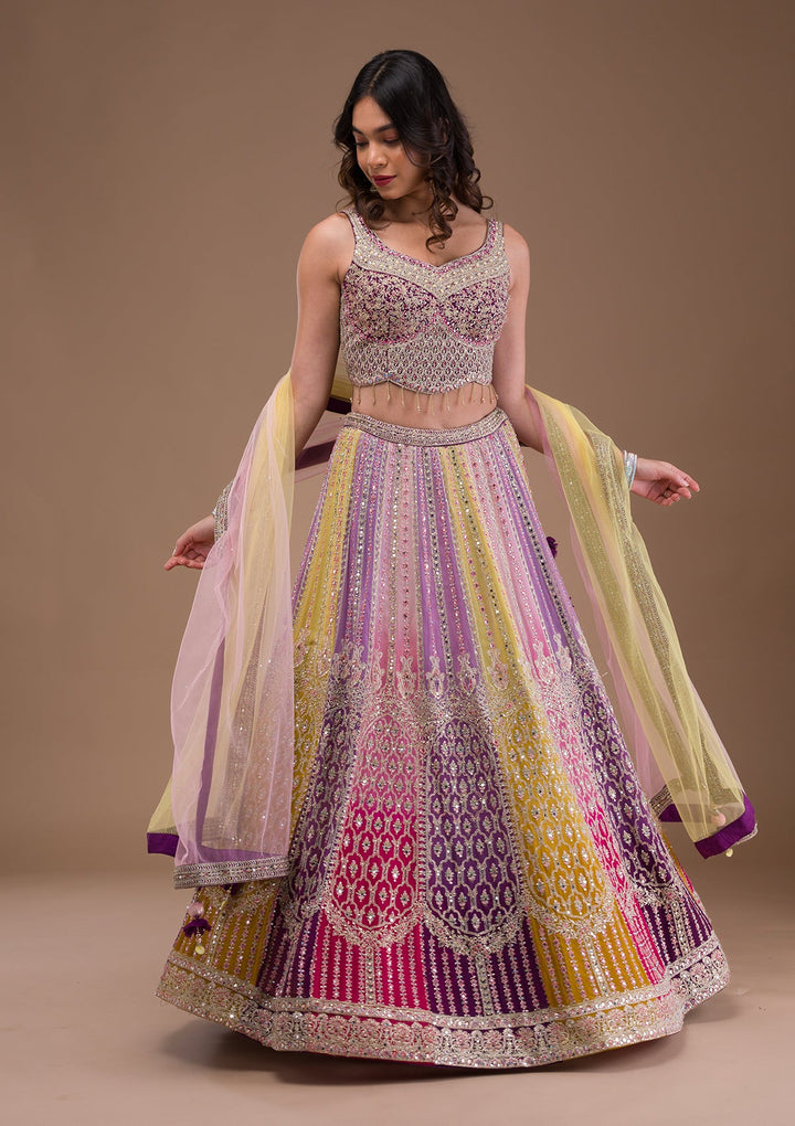 Lavender Mirrorwork Georgette Readymade Lehenga-Koskii