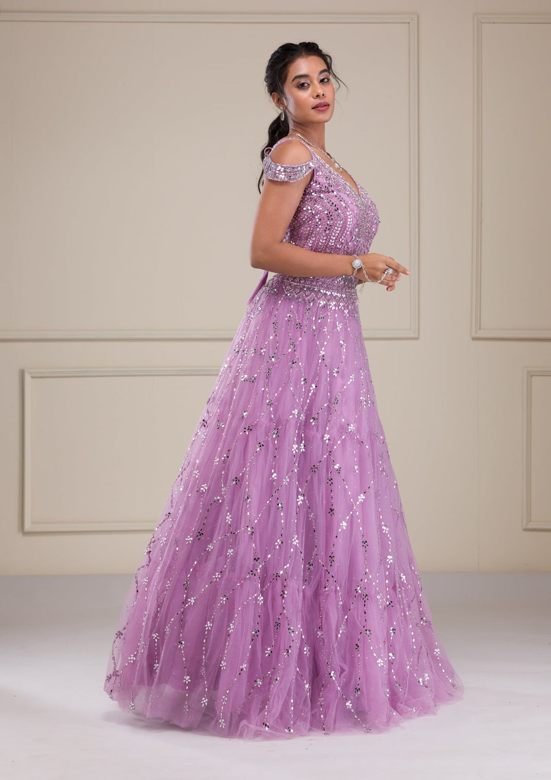 Lavender Mirrorwork Net Gown-Koskii