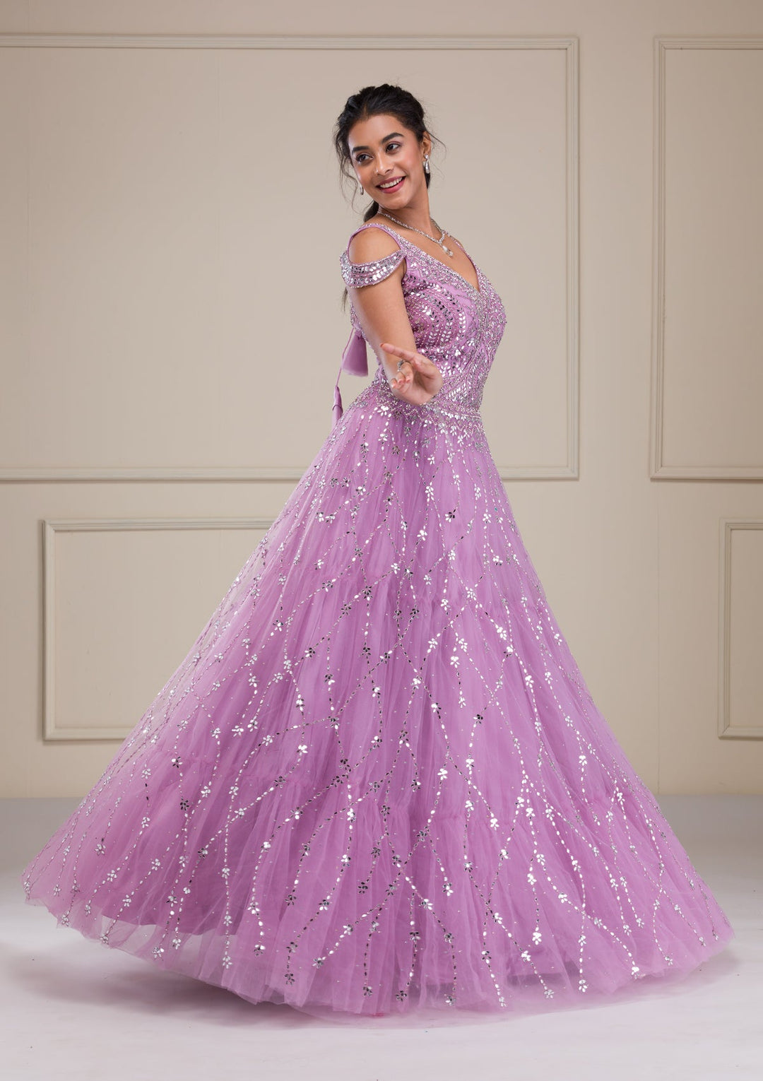 Lavender Mirrorwork Net Gown-Koskii